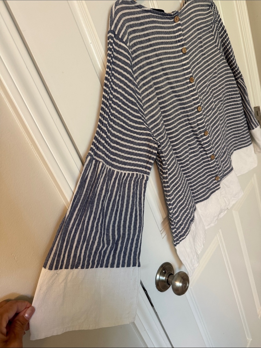 Striped Navy and White Boatneck Tunic with Ruffle Hem - Picture 4 of 8